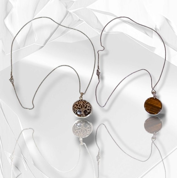 Stainless Steel Necklace Reversible Tree Of Life/Tiger's Eye Gemstone Pendant - Picture 3 of 16